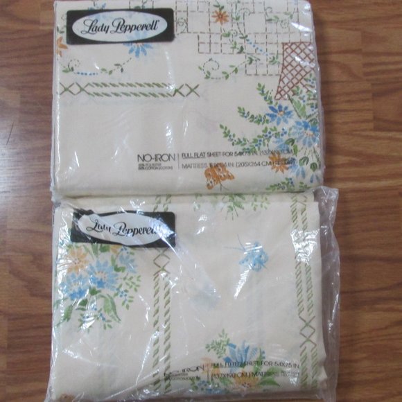 vintage new Lady Pepperell No iron Full fitted sheet flat sheet Ivory fl…